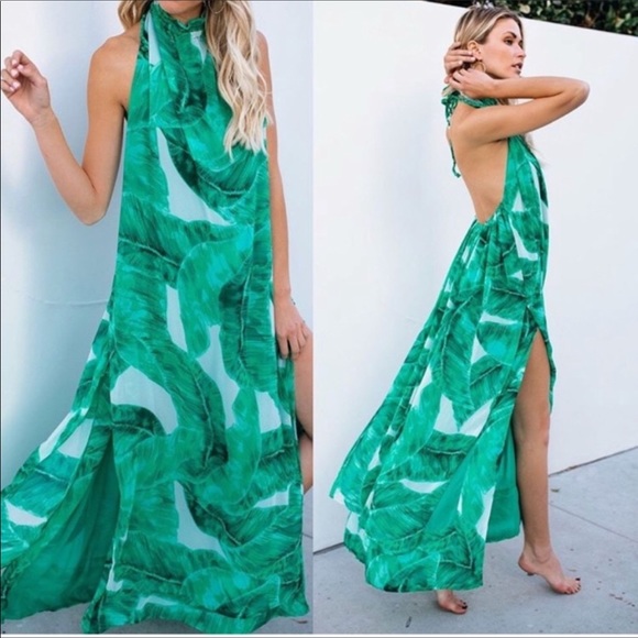 Olivaceous Dresses & Skirts - Olivaceous palm leave halter low back maxi dress